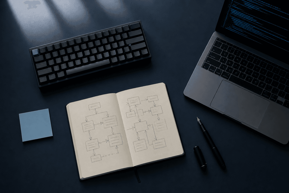 Overhead software engineering workbench with keyboard, laptop and architecture notebook
